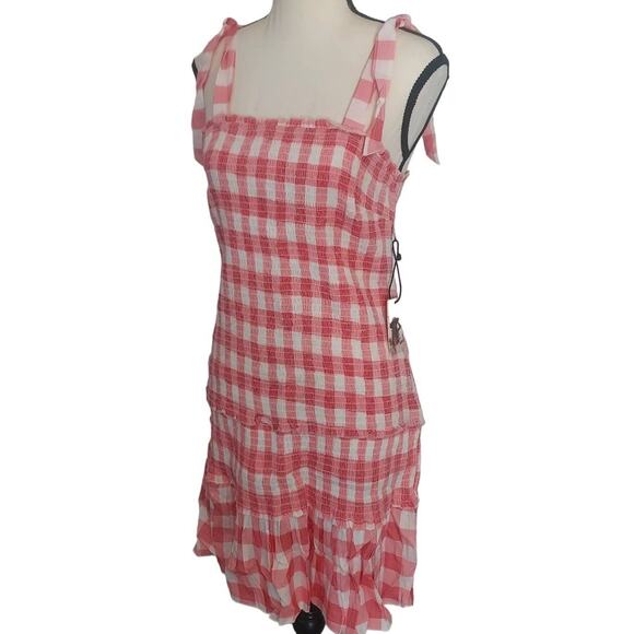 Sincerely Jules Smocked Gingham Red Mini Dress w/ Scrunchie Size Large NWT - Picture 2 of 10